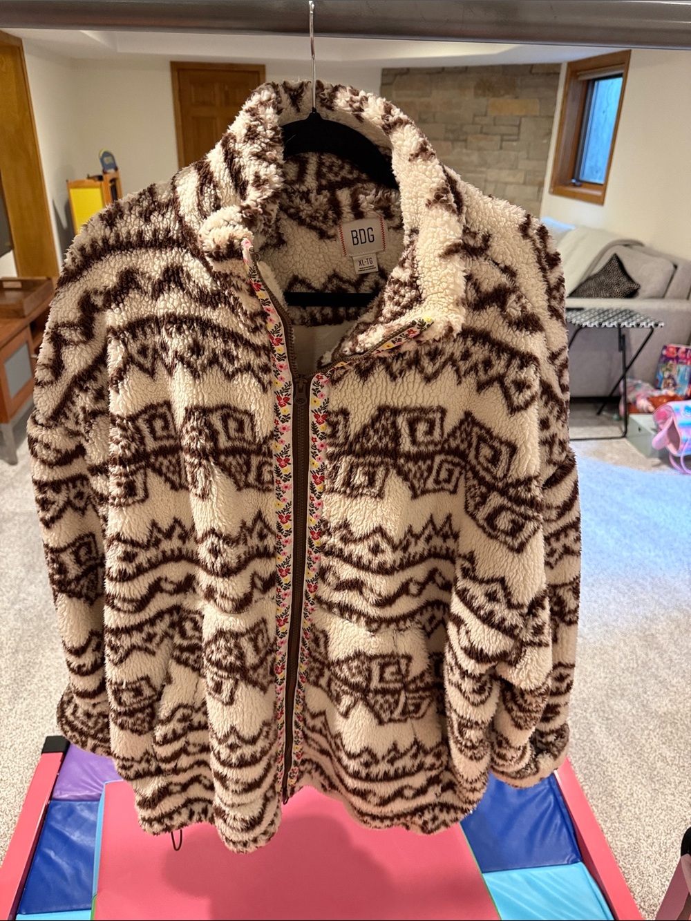 BDG Cream & Brown Geometric Sherpa Zip Jacket